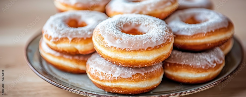 Freshly baked donuts with a glossy glaze stacked on a plate, perfect for dessert or a sweet snack. Freshly baked donuts with a glossy glaze stacked on a plate, perfect for dessert or a sweet snack.