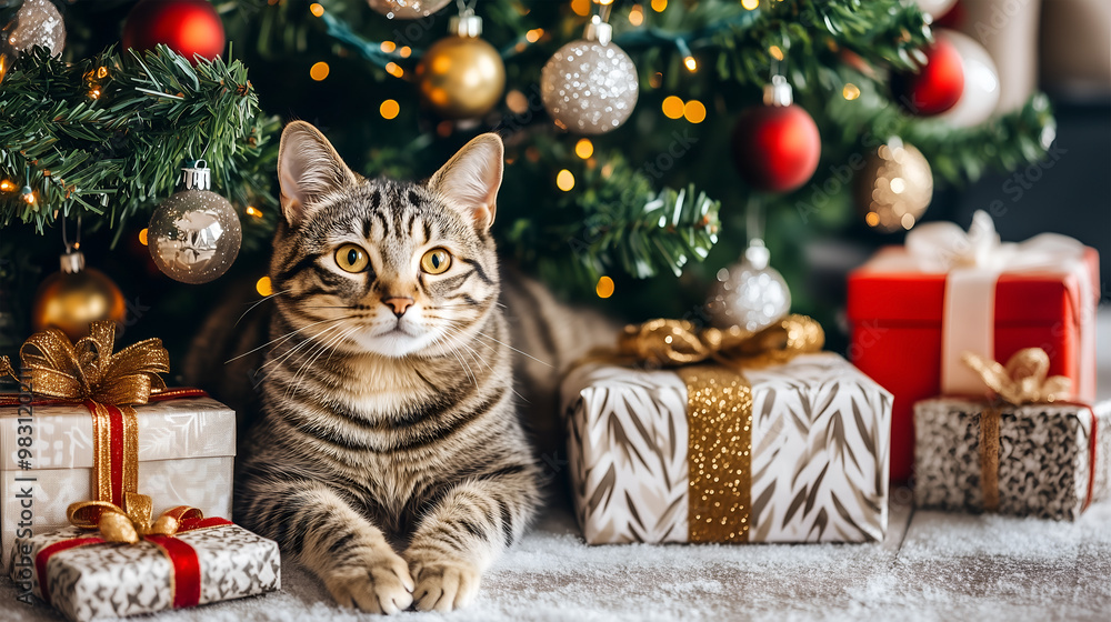 An American Bobtail cat relaxes under a decorated Christmas tree surrounded by presents An American Bobtail cat relaxes under a decorated Christmas tree surrounded by presents