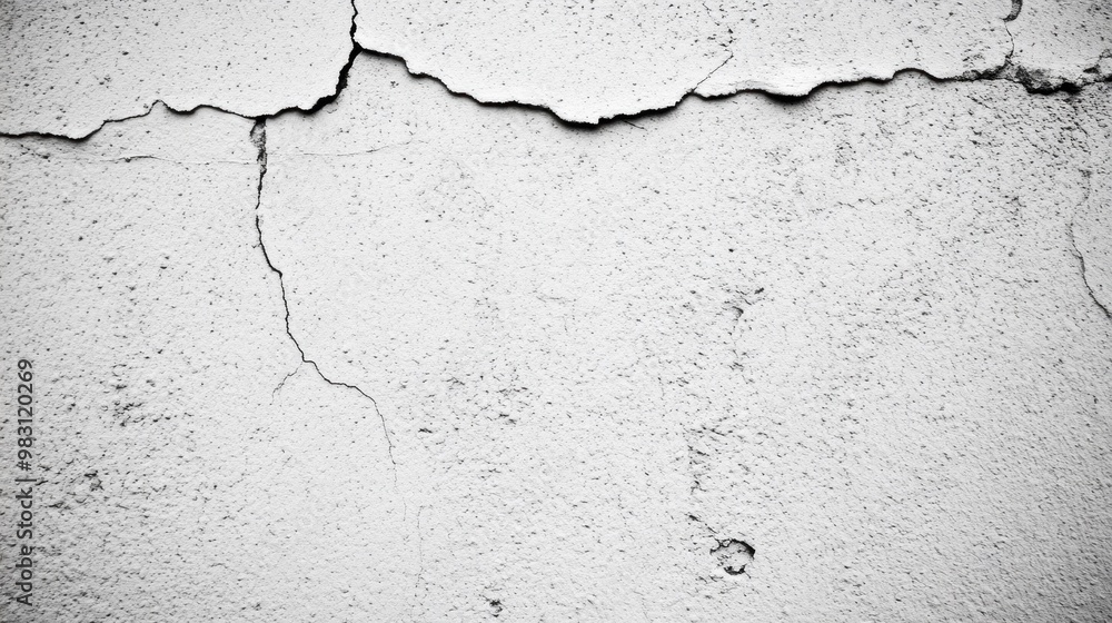 Obraz premium A distressed, cracked white wall displays a rough texture, showcasing signs of aging and wear in a well-lit indoor environment. The cracks emphasize the wallвЂ™s history and character