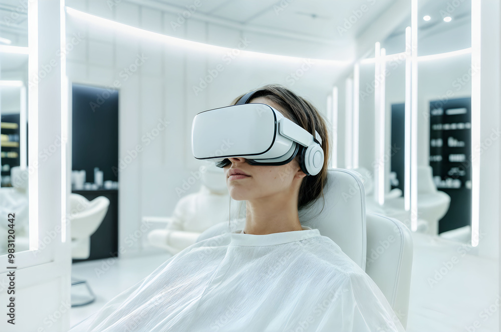 A woman experiences virtual reality technology while seated in a modern treatment room during a wellness session A woman experiences virtual reality technology while seated in a modern treatment room during a wellness session