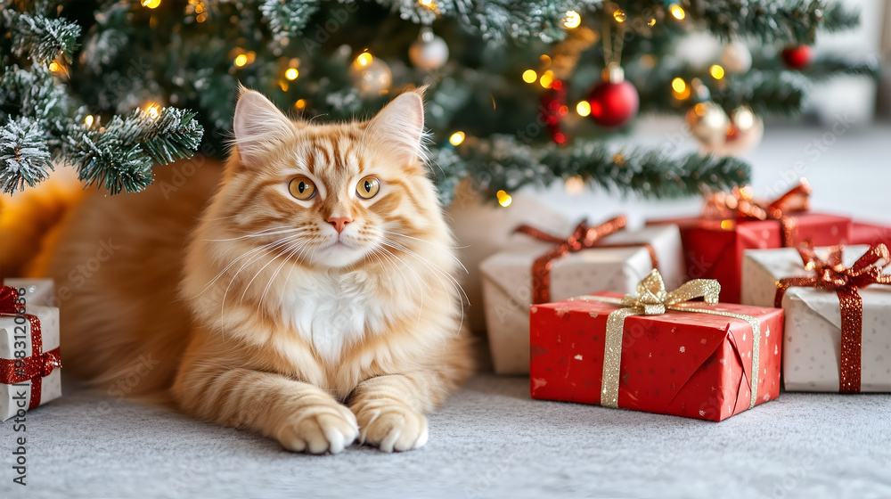 A Persian cat relaxes by the Christmas tree surrounded by festive decorations and gift boxes