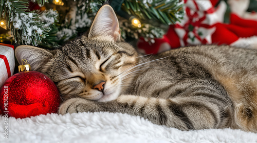 American Bobtail cat peacefully sleeping by the Christmas tree with decorations around