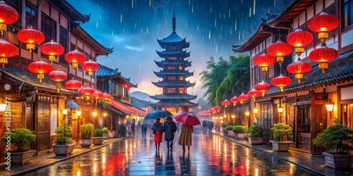 Rainy Night in a Chinese Village, red lanterns, pagoda, street, Chinese Culture, Asian Architecture