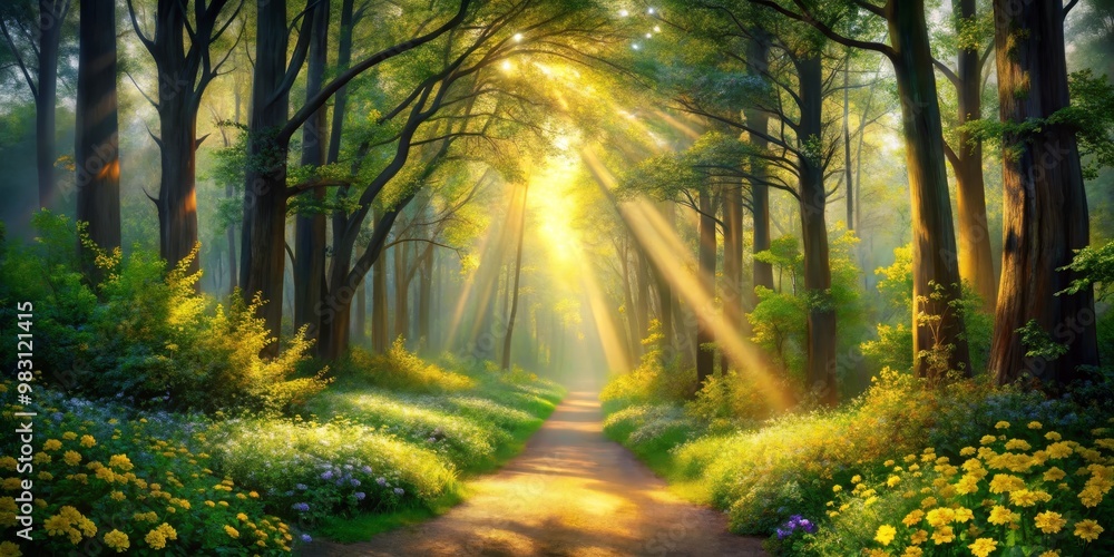Fototapeta premium Serene Sunlit Forest Path A Digital Painting of Tall Trees Framing a Winding Track, Bathed in Warm Light and Hints of Autumn, Inviting Exploration Through Vibrant Wildflowers