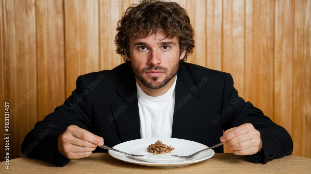 The young man with curly hair looks thoughtfully at a meager serving of food on a white plate, seated at a simple wooden table in a relaxed environment The young man with curly hair looks thoughtfully at a meager serving of food on a white plate, seated at a simple wooden table in a relaxed environment