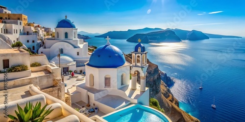 Serenity on the Cliffside Blue-Domed Churches Overlooking Aegean Sea. A stunning high vantage point view of whitewashed village architecture accentuated by vibrant blue churches