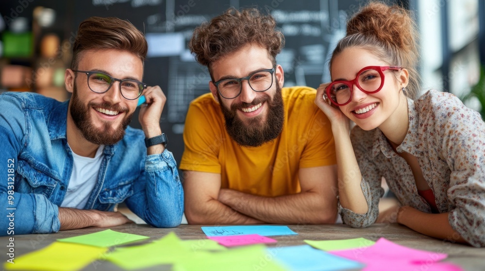 Obraz premium A group of three cheerful friends collaborates enthusiastically at a modern workspace, sharing ideas while surrounded by colorful sticky notes and natural sunlight