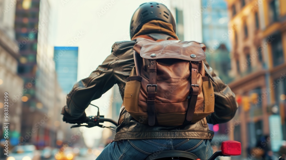 A motorcycle enthusiast, dressed in a leather jacket and wearing a helmet, rides confidently through a vibrant city filled with towering buildings and bustling streets under a clear sky A motorcycle enthusiast, dressed in a leather jacket and wearing a helmet, rides confidently through a vibrant city filled with towering buildings and bustling streets under a clear sky