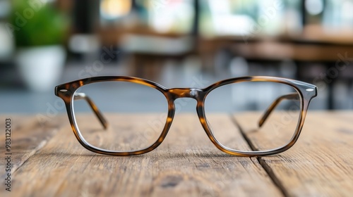 A pair of tortoiseshell glasses lies on a rustic wooden table in a well-lit cafГ©, surrounded by a relaxed atmosphere and softly blurred background elements