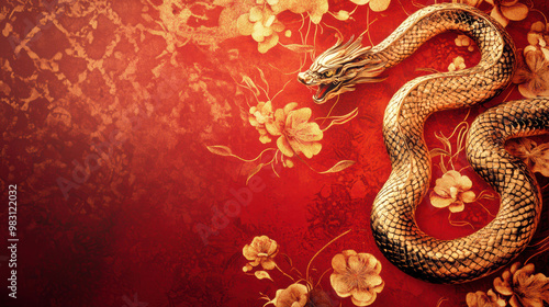 Wallpaper Mural A gold-hued snake slithers across a rich red background adorned with delicate floral motifs, creating a luxurious and striking visual contrast. Torontodigital.ca