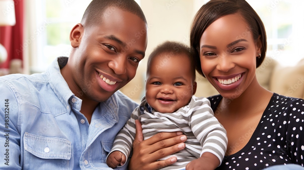 A happy couple holds their beaming baby in a cozy home setting, radiating love and warmth while enjoying quality family time together A happy couple holds their beaming baby in a cozy home setting, radiating love and warmth while enjoying quality family time together