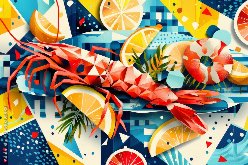 Obraz premium Abstract geometric design with a shrimp, lemon wedges and palm leaves in vibrant colors.