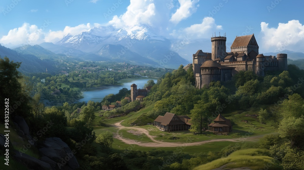 Fototapeta premium A majestic medieval castle stands proudly on a hill, surrounded by vibrant greenery, a winding river below, and towering mountains in the background under a bright blue sky