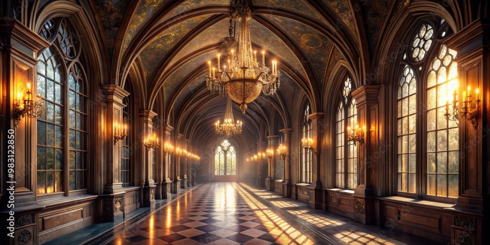 Symmetrical Splendor A Grand Old Hallway with Stained Glass Windows, an Ornate Chandelier, and Playful Light Casting Colorful Shadows on a Checkered Floor, Evoking Warmth and Symmetrical Splendor A Grand Old Hallway with Stained Glass Windows, an Ornate Chandelier, and Playful Light Casting Colorful Shadows on a Checkered Floor, Evoking Warmth and