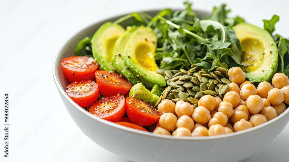 Fresh salad bowl featuring vibrant tomatoes, creamy avocado, and nutritious greens, perfect for healthy eating and meal preparation. Fresh salad bowl featuring vibrant tomatoes, creamy avocado, and nutritious greens, perfect for healthy eating and meal preparation.