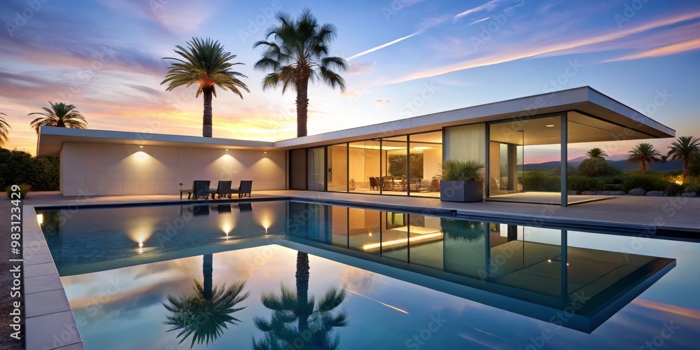 Tranquil Modern House with Swimming Pool Reflecting Sunset Sky, Surrounded by Palm Trees and Lush Greenery, Showcasing Minimalist Design and Serene Atmosphere for Ultimate Luxury Tranquil Modern House with Swimming Pool Reflecting Sunset Sky, Surrounded by Palm Trees and Lush Greenery, Showcasing Minimalist Design and Serene Atmosphere for Ultimate Luxury