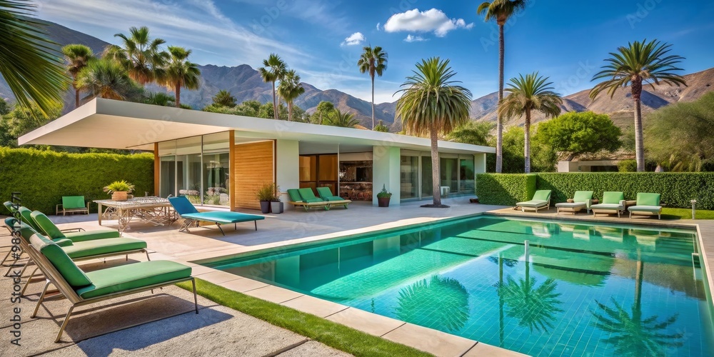 Fototapeta premium Tranquil Poolside Retreat Modern Architecture and Sparkling Blue Pool Reflect Palm Trees, Framed by Green Lounge Chairs on a Light Patio Under a Sunny Sky, Inviting Relaxation and