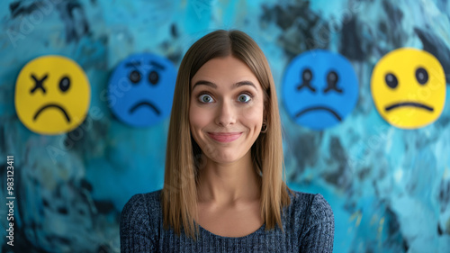 Woman smiling awkwardly in front of a wall of frowning faces photo