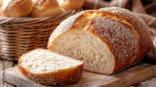 freshly baked loaf of bread placed on a wooden cutting board 