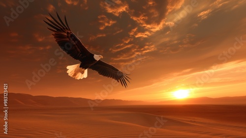 An eagle gracefully glides through the golden sky above a sprawling desert as the sun sets, casting a warm glow on the sandy terrain and creating a breathtaking atmosphere