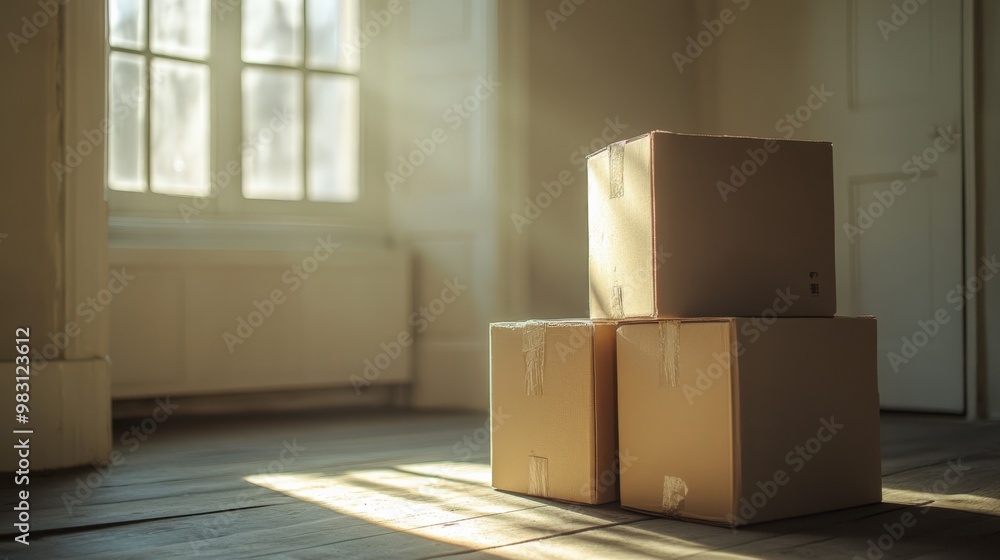 Moving Day: Boxes Stacked in a Vacant Room Moving Day: Boxes Stacked in a Vacant Room