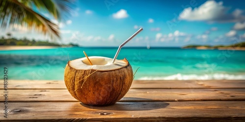 Wallpaper Mural Tranquil Tropical Escape Close-Up of Coconut with Straw on Beach Wood Plank. Relaxing Summer Concept with Vibrant Colors and Textures Torontodigital.ca