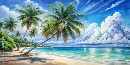 Tranquil Tropical Beach Painting Horizontal Composition with Realistic Palm Trees in Vibrant Greens and Rich Browns, Clear Blue Sky, Turquoise Ocean, and Sunlit Pale Yellow Sand photo