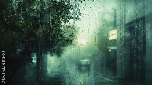 Wallpaper Mural A foggy urban scene viewed through a rain-streaked window, blending mystery and a sense of quietude in a city setting. Torontodigital.ca