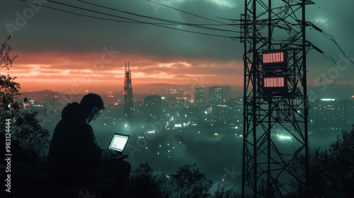 Silhouetted against the urban nightscape, a person works on a laptop near a towering power line, illuminated by a moody sunset and city lights. photo