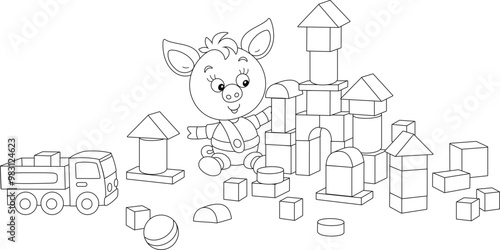 Funny little pink piglet playing with blocks and building a toy castle in a playroom, black and white outline vector cartoon illustration for a coloring book