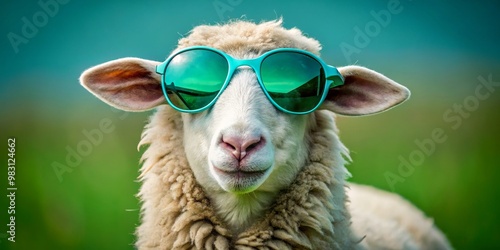 Whimsical Close-Up Portrait of a Relaxed Sheep Wearing Bright Blue Sunglasses with Green Lenses, Set Against a Blurred Green Background, Exuding Fun and Playful Charm