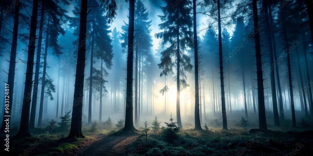 Obraz premium Winding Path of Enchantment Atmospheric Forest at Dawn - Captivating interplay of light and shadow in a fog-shrouded, mystical woodland landscape with towering trees