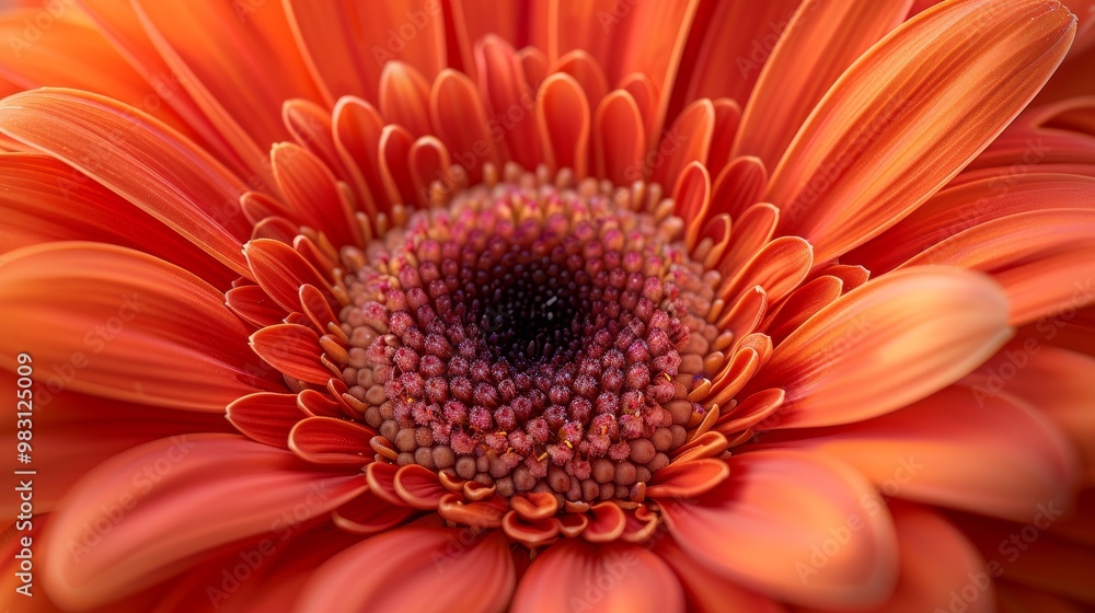 Close-up macro shot of an orange gerbera daisy, showcasing its delicate petals and intricate center. Close-up macro shot of an orange gerbera daisy, showcasing its delicate petals and intricate center.