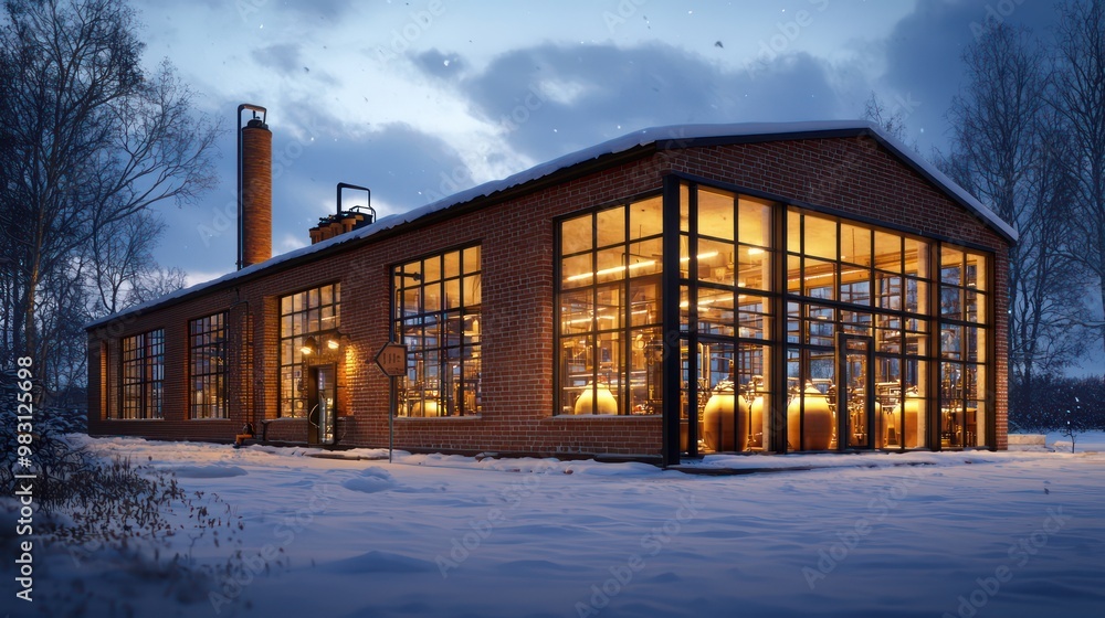 Obraz premium A brick distillery in a rural snowy landscape, its large windows showing the warm lights inside where the production of spirits continues despite the cold outside
