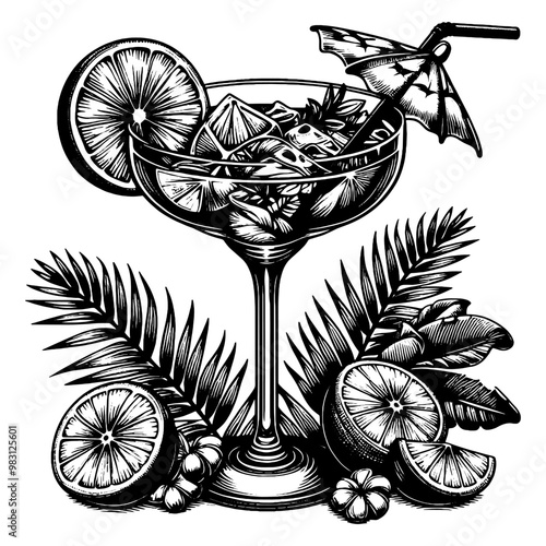 Cocktails with Citrus Fruits and Spices in Black and White Illustration. Vector, generative ai.