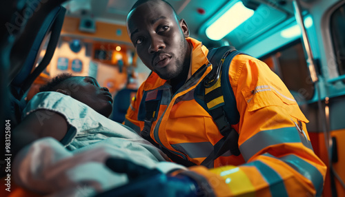 African black person in orange jacket - paramedic - assisting injured patient inside ambulance van. Generative AI