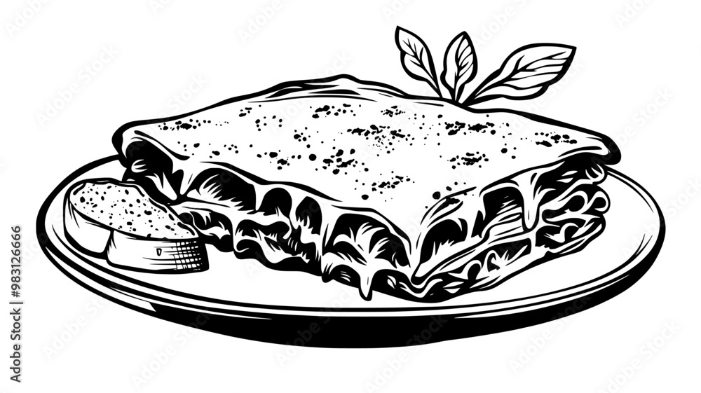 Baked portion of lasagna with pasta, cheese, and sauce, arranged on a plate with bread, food illustration vector Baked portion of lasagna with pasta, cheese, and sauce, arranged on a plate with bread, food illustration vector