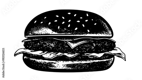 Assembled gourmet burger with patty and various fillings, lying flat on a surface, food vector graphic