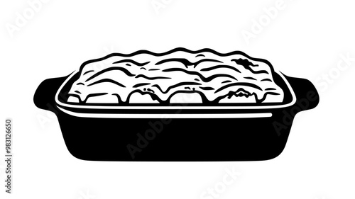 Baked casserole dish with layered ingredients on a flat surface, food vector graphic