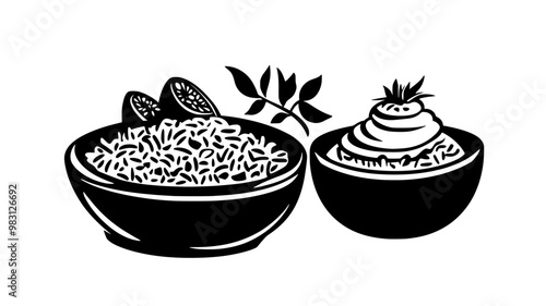 Biryani arranged in a dish with raita and a garnish of herbs, food illustration vector