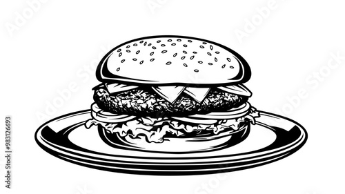 Beef burger with cheese, onions, and lettuce on a plate, food vector illustration