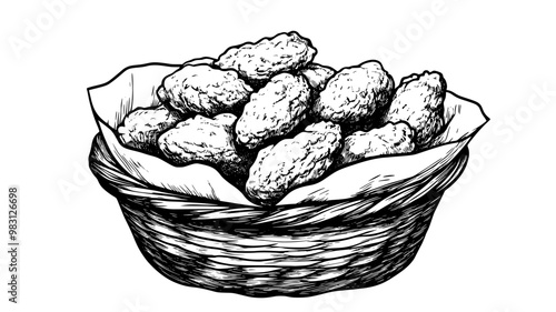 Basket of fried chicken tenders piled high, filling the space, food illustration vector