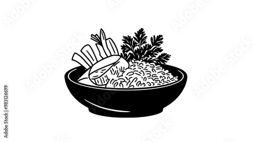 Biryani arranged in a dish with raita and a garnish of herbs, food vector graphic