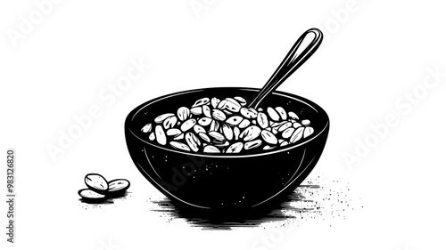 Bowl of muesli with visible grains and nuts beside a spoon on a table, food vector graphic