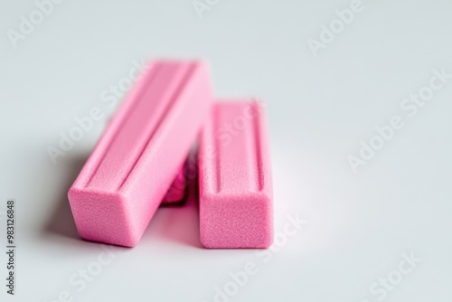 Pink erasers resting on a light background creating space for written words