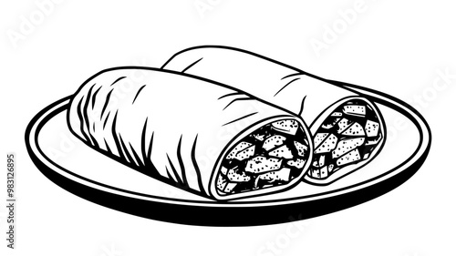 Breakfast burrito cut in half and positioned on a plate, food illustration vector