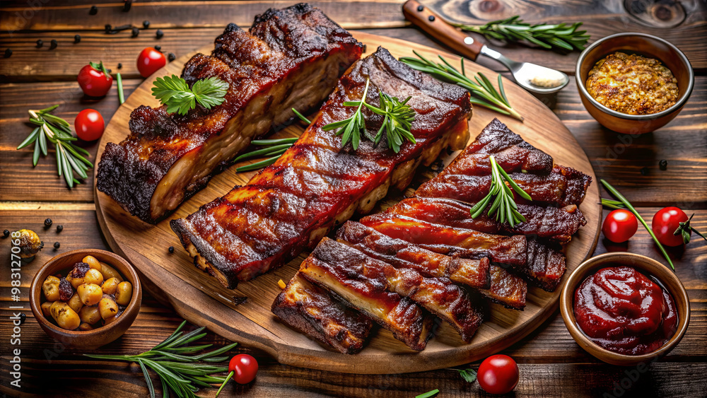 Succulent barbecue ribs are arranged on a wooden platter, garnished with fresh herbs, cherry tomatoes, and enticing sauces, creating a mouthwatering display Succulent barbecue ribs are arranged on a wooden platter, garnished with fresh herbs, cherry tomatoes, and enticing sauces, creating a mouthwatering display
