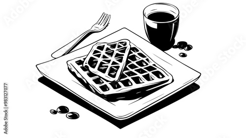 Breakfast table featuring a large Belgian waffle on a square plate, food illustration vector