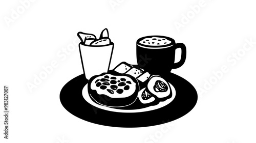 Breakfast setup with a bagel spread with toppings on a circular plate, food vector illustration