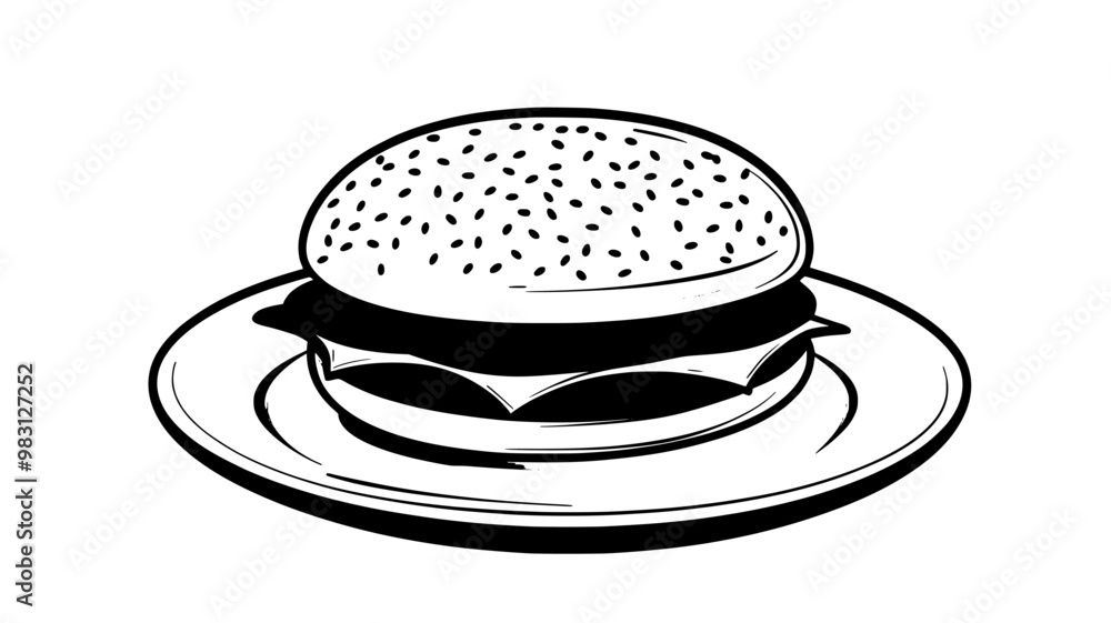 Cheeseburger on white ceramic plate, positioned in the middle, food illustration vector Cheeseburger on white ceramic plate, positioned in the middle, food illustration vector